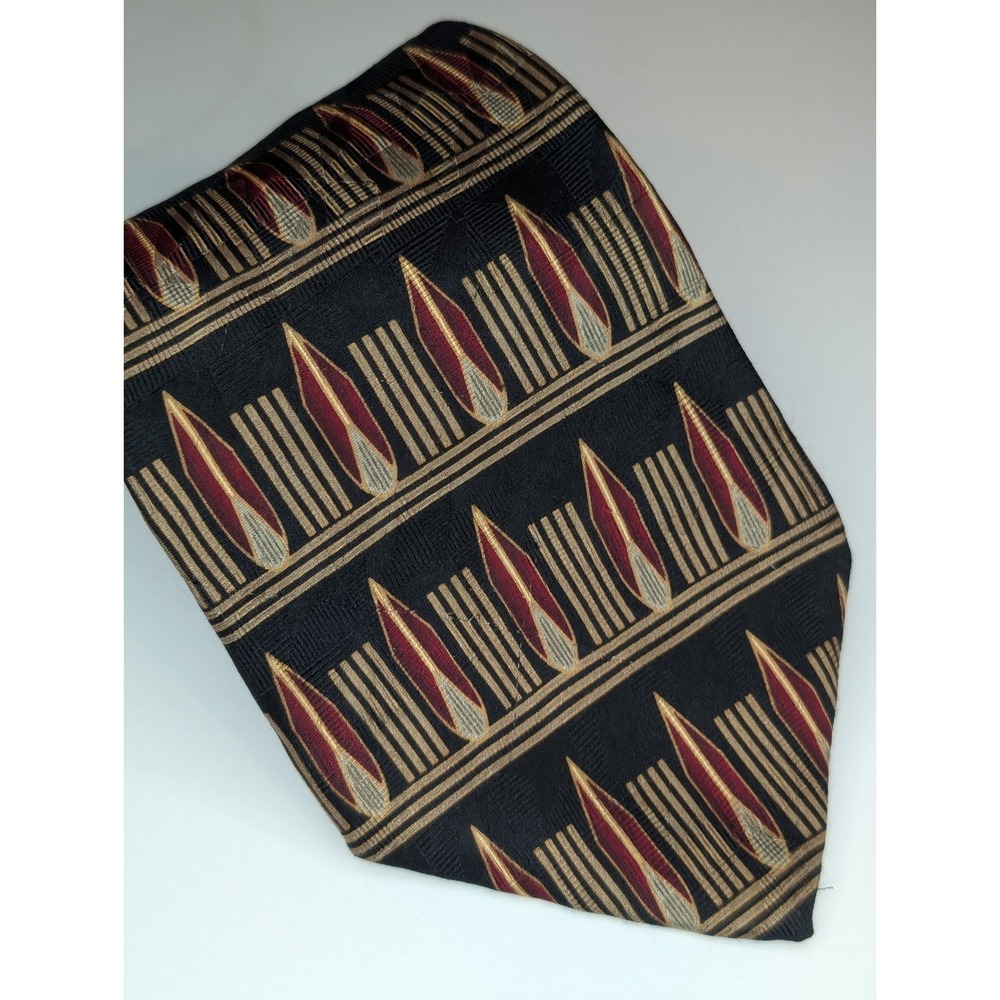 Bill Blass Black Label Mens Silk Tie Black Burgundy Gold Geometric Art Deco